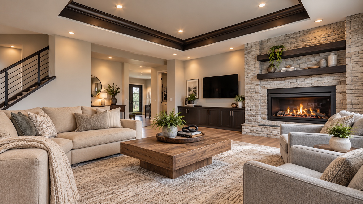 Illustrative living room interior with a stone fireplace and warm wood finishes